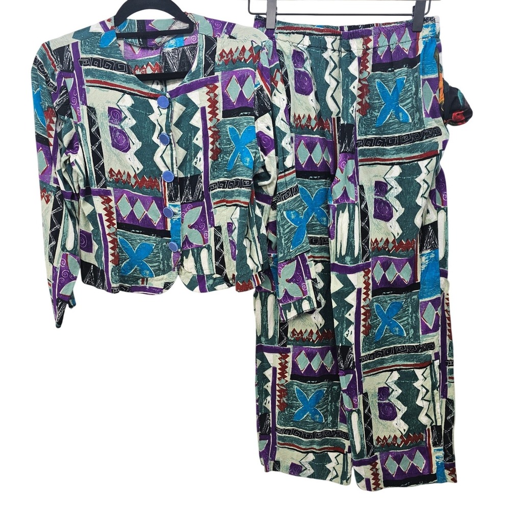 Vintage 90s Abstract Geometric 2 Piece Set Teal Purple Pants Jacket Outfit